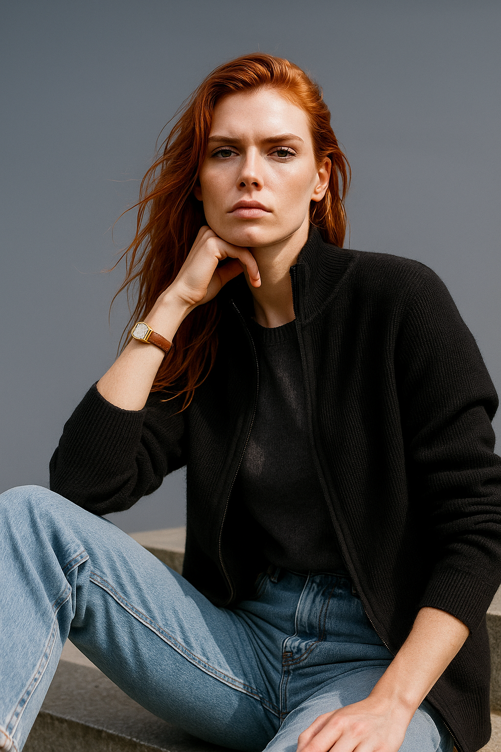 Women's Wool Zip Cardigan – Knitted Cardigan with High Collar