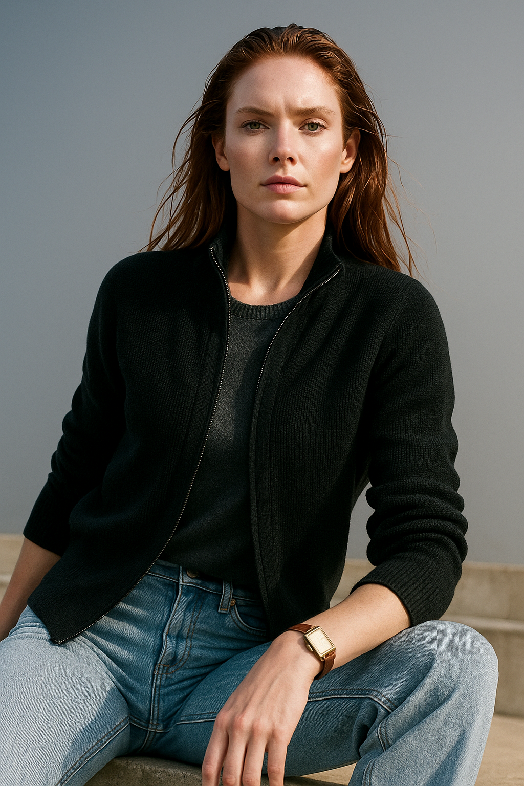 Women's Wool Zip Cardigan – Knitted Cardigan with High Collar