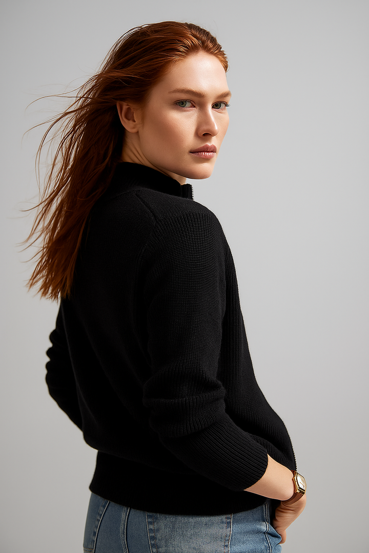 Women's Wool Zip Cardigan – Knitted Cardigan with High Collar