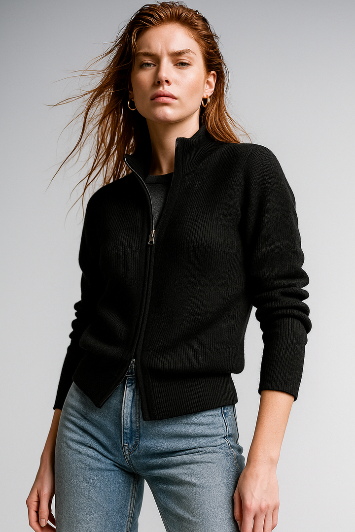 Women's Wool Zip Cardigan – Knitted Cardigan with High Collar