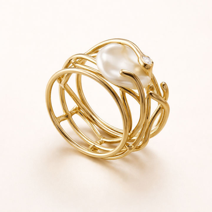 Thin Gold-Coloured Ring with Pearl Accent