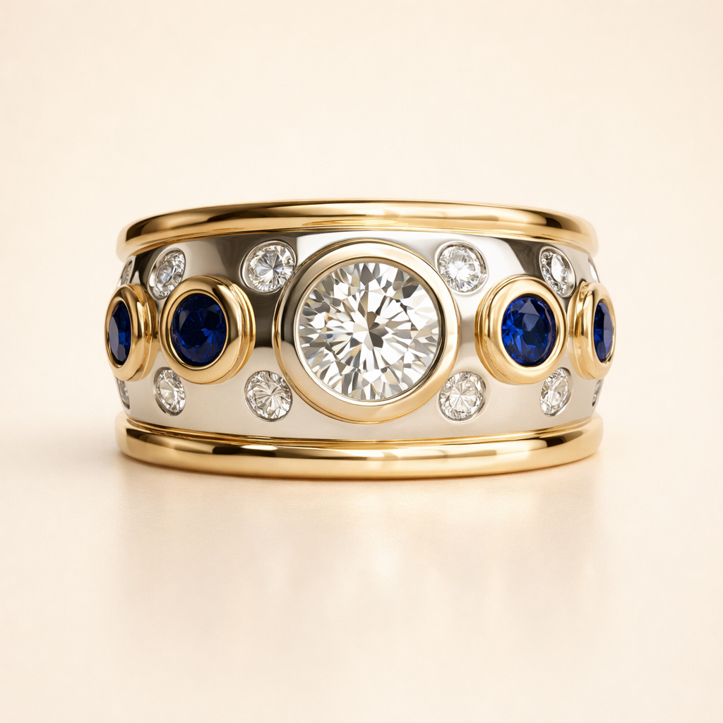 Vintage wide gold ring with stones
