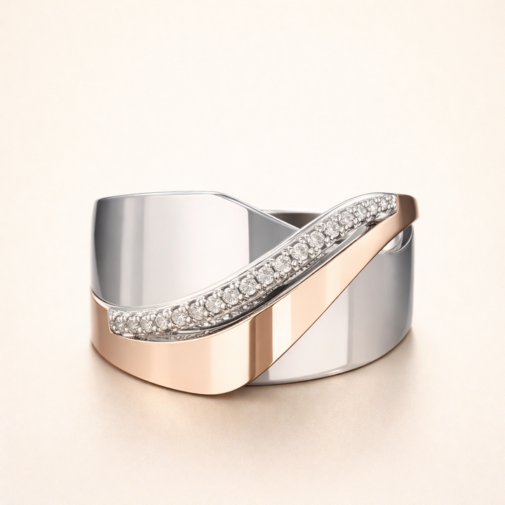 Vintage rose gold and silver ring with cubic zirconia
