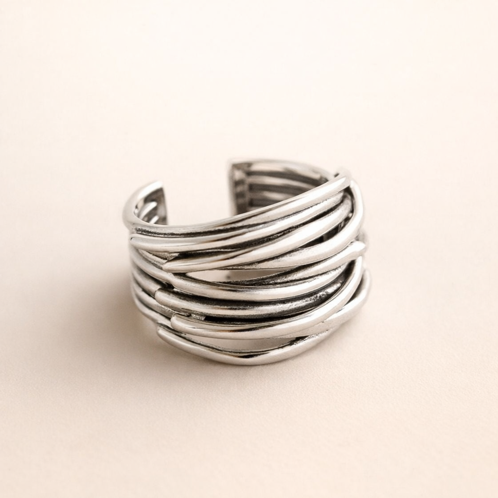 Adjustable layered silver ring