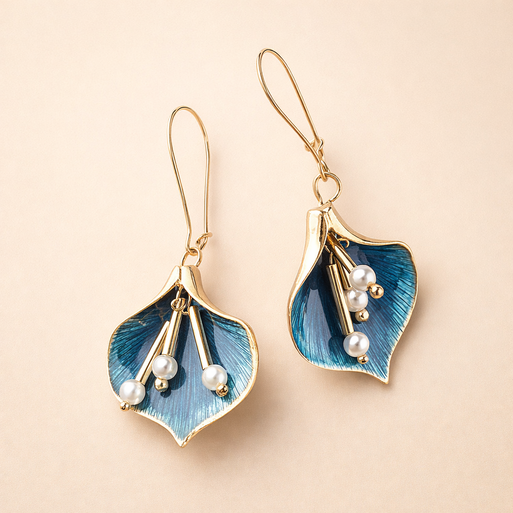 Retro blue lotus silver earrings