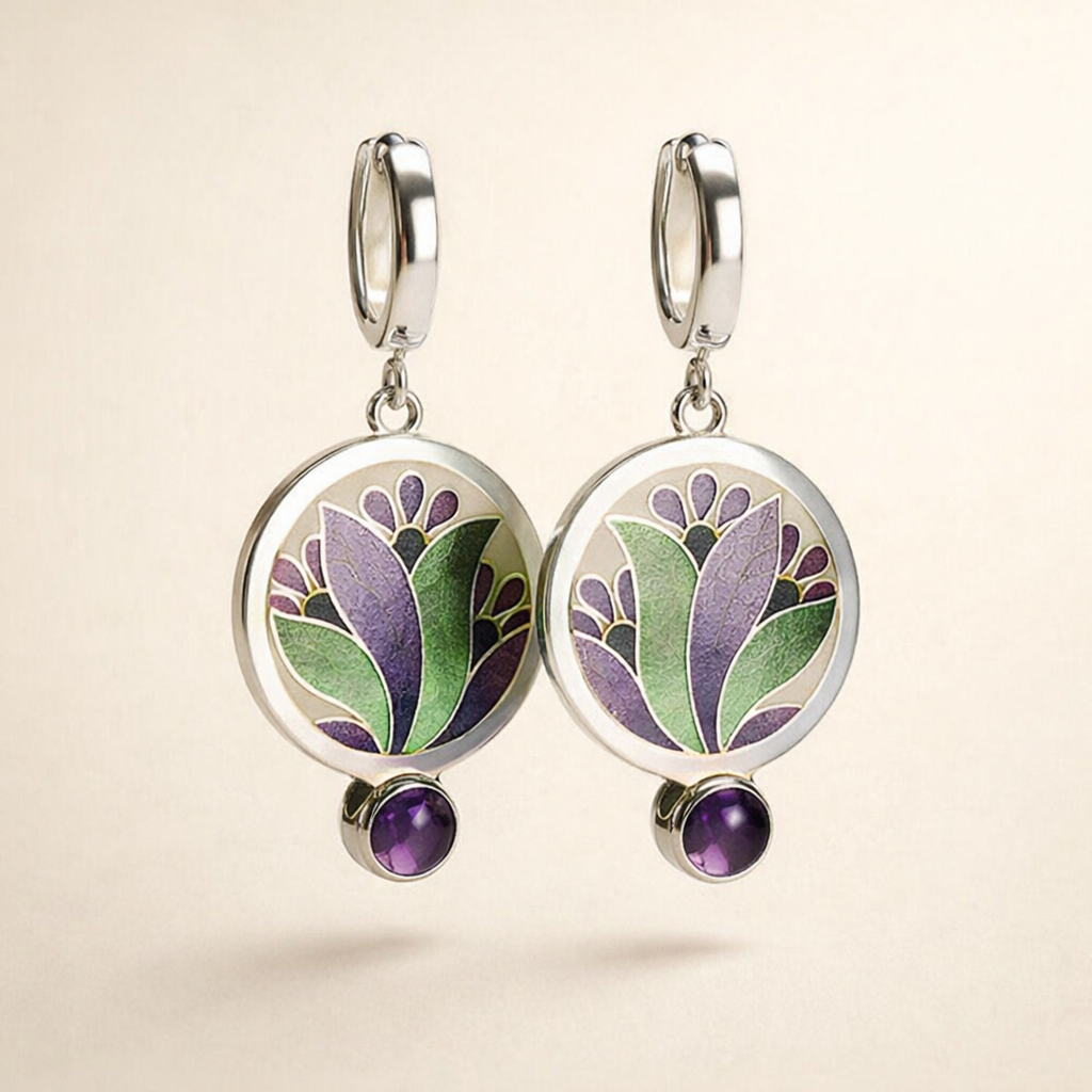 Elegant white gold earrings with purple crystals