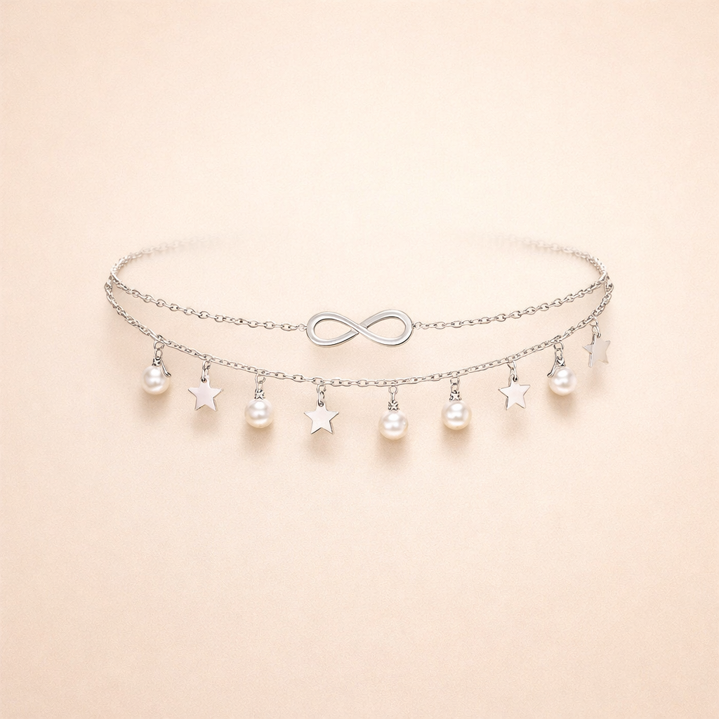 Endless white gold anklet with pearls and stars