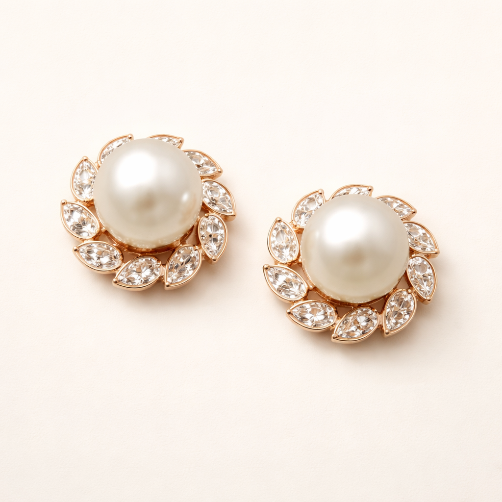 Elegant gold earrings with pearl and shiny leaves
