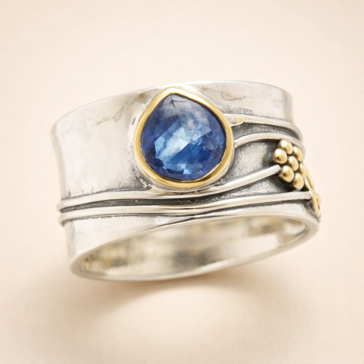 Dreamy white gold meditation ring with gemstones