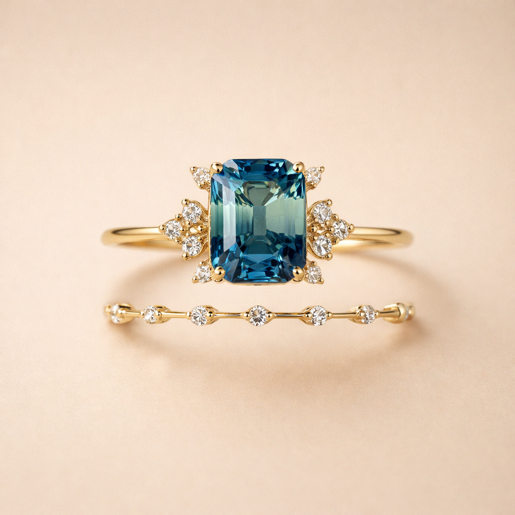 Soft shine ring set in gold with crystal-blue accents