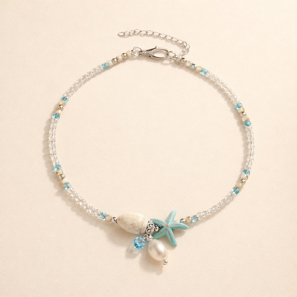 Silver anklet with shell and natural stones