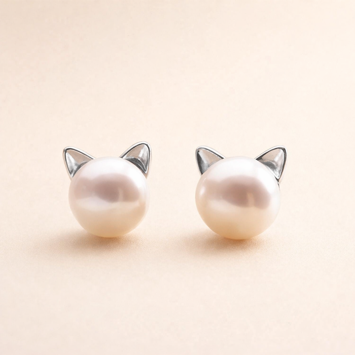 Sterling Silver Cat Pearl Stud Earrings