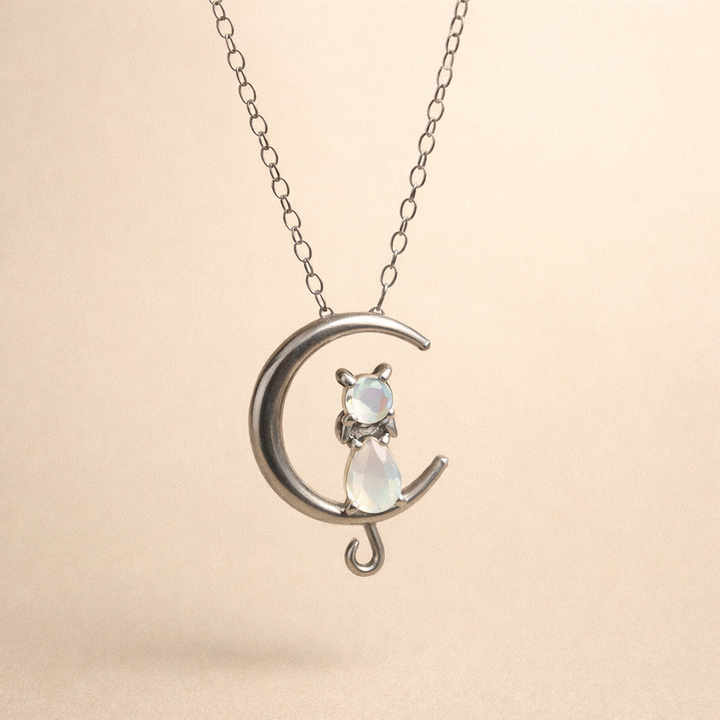 Moonstone Crescent Moon and Cat Necklace