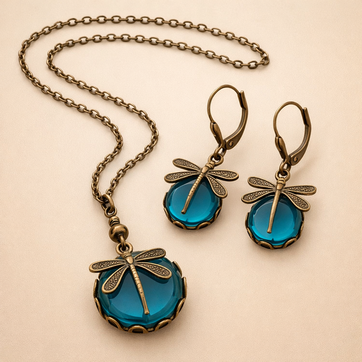Beautiful Vintage Dragonfly Necklace with Bonus Earrings – Limited-Time Offer