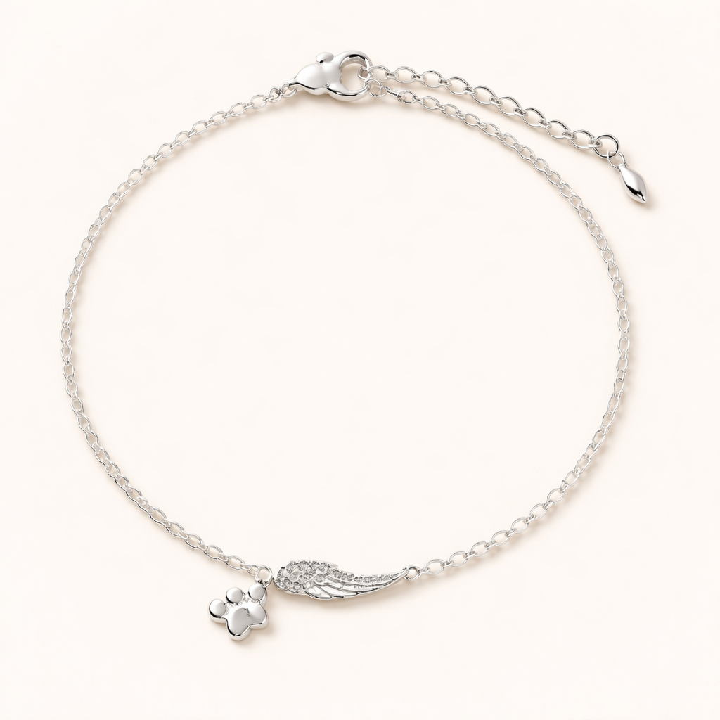Silver Memorial Bracelet with Angel Wing & Paw Print | Handmade