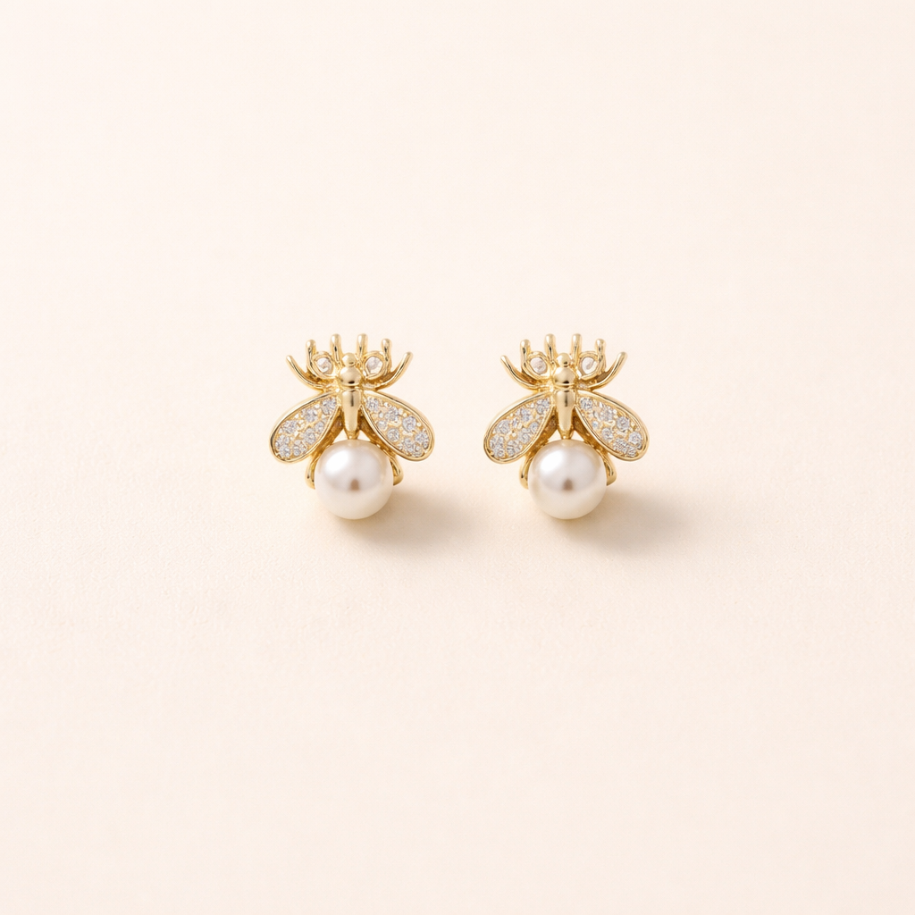Honeybee Pearl Stud Earrings – Elegant Gold Jewellery for Women