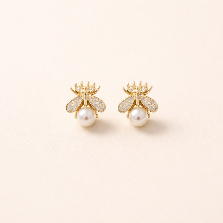 Honeybee Pearl Stud Earrings – Elegant Gold Jewellery for Women