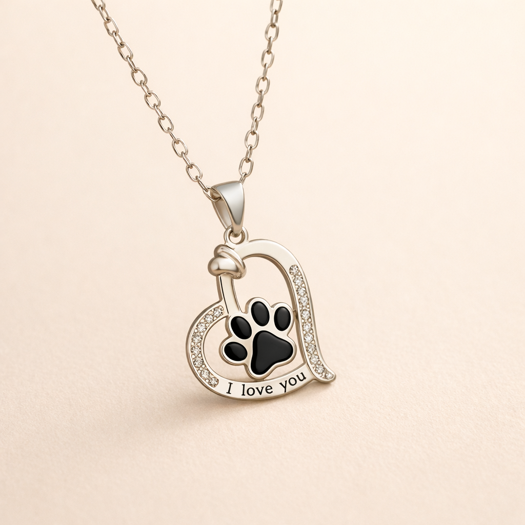 Heart-Shaped Dog Paw Print Necklace with Cubic Zirconia