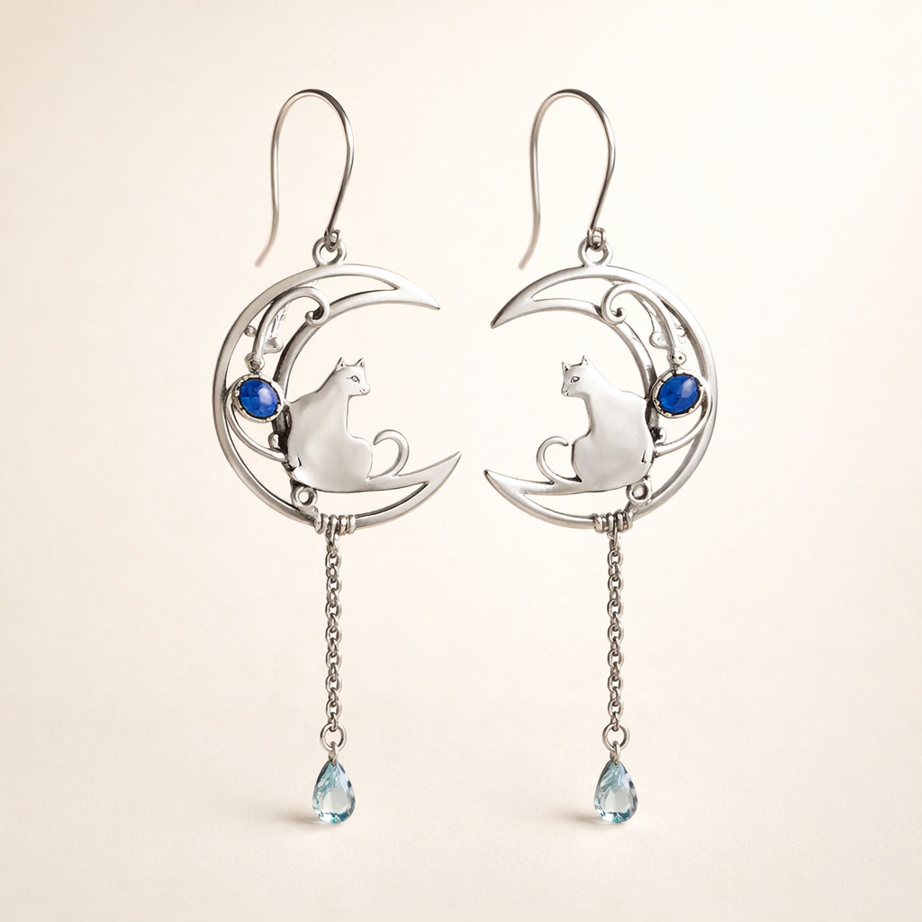 Moonlight Cat Earrings – Vintage Half-Moon Design with Lapis Lazuli Gemstone