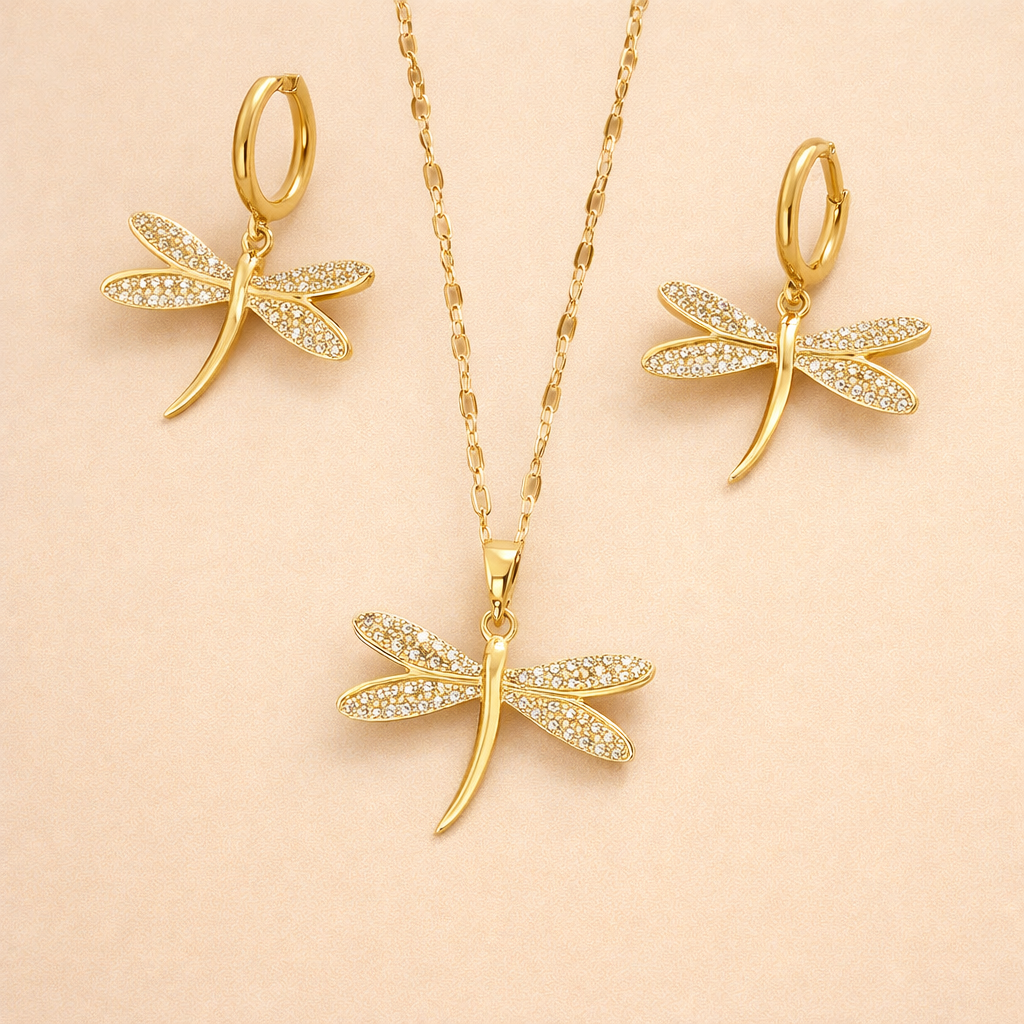 Gold Dragonfly Jewellery Necklace with Bonus Earrings