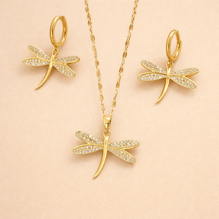 Gold Dragonfly Jewellery Necklace with Bonus Earrings