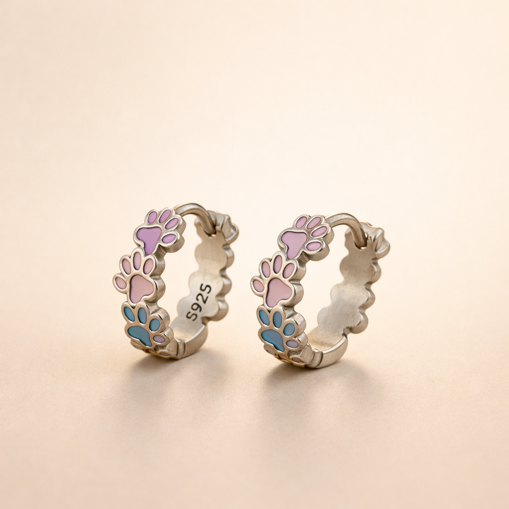 Colourful Paw Hoops Sterling Silver