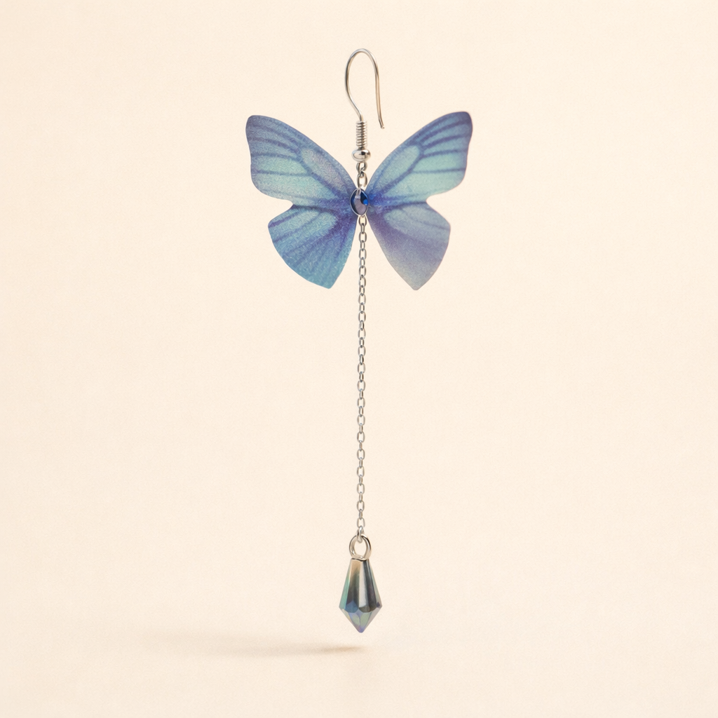 Blue Butterfly Crystal Tassel Earrings