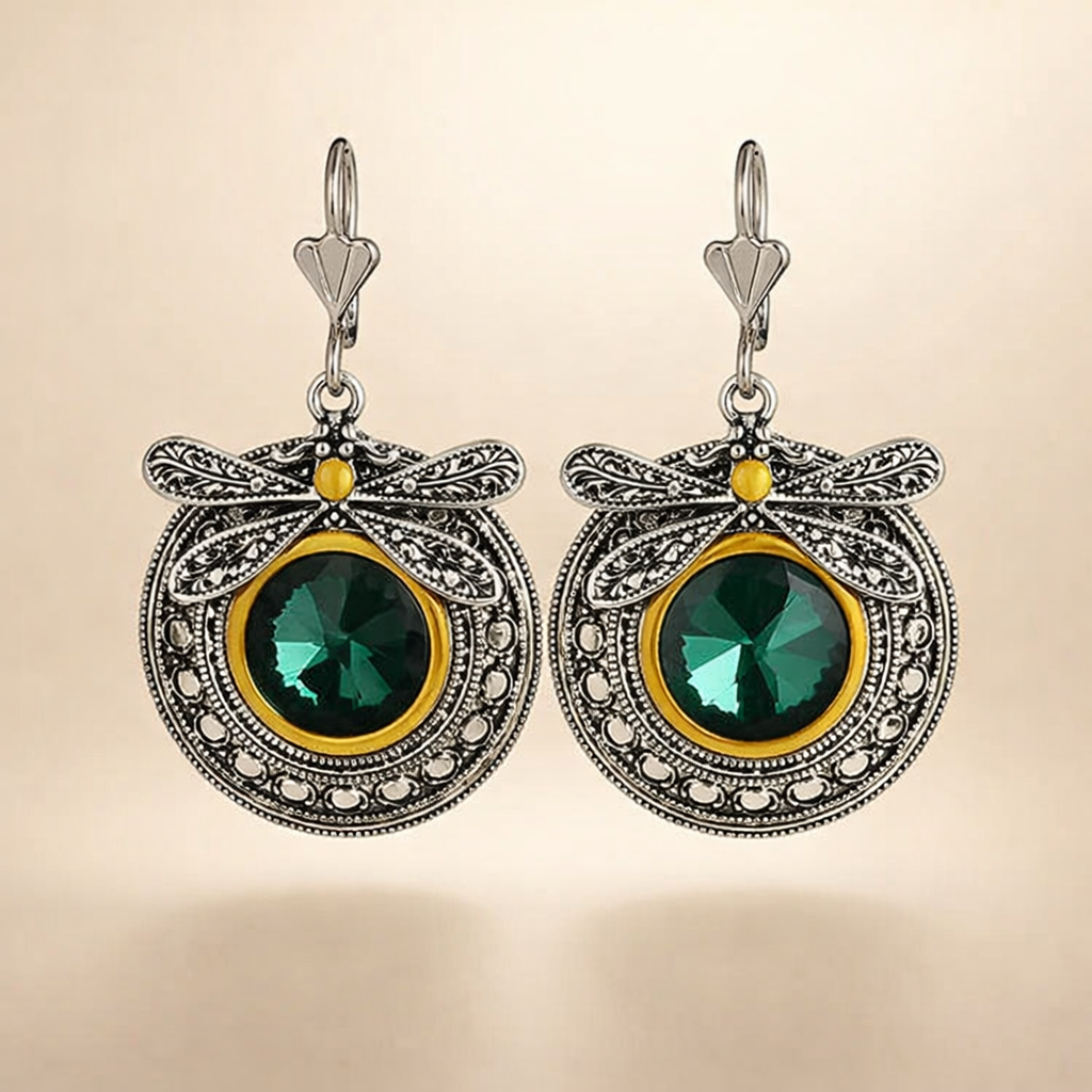 Vintage Green Cubic Zirconia Dragonfly Earrings