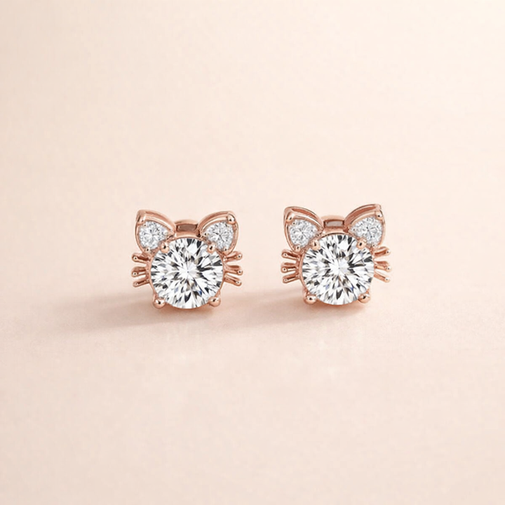Moissanite Pink Gold Cat Stud Earrings in Sterling Silver
