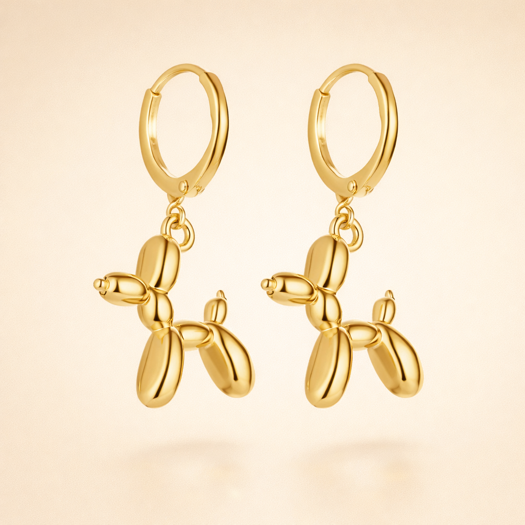 Gold Huggie Earrings with Mini Balloon Dog Charm