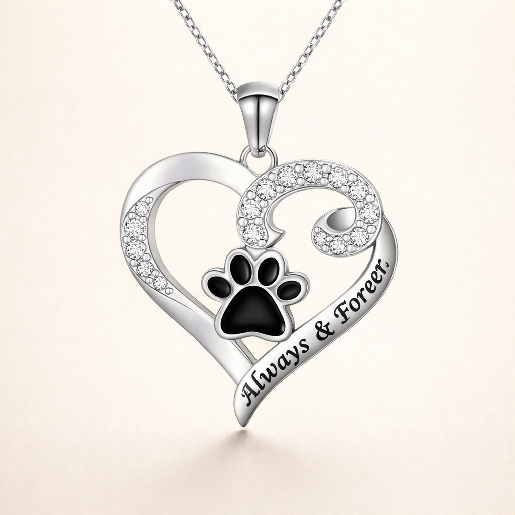 Dog Paw Necklace – Heart Design in Stainless Steel with Cubic Zirconia