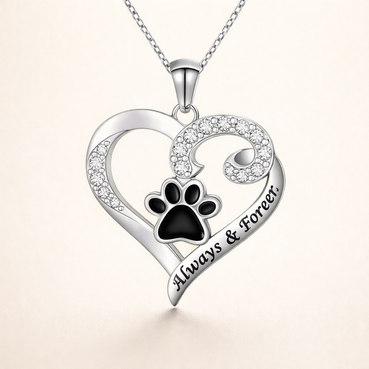 Dog Paw Necklace – Heart Design in Stainless Steel with Cubic Zirconia
