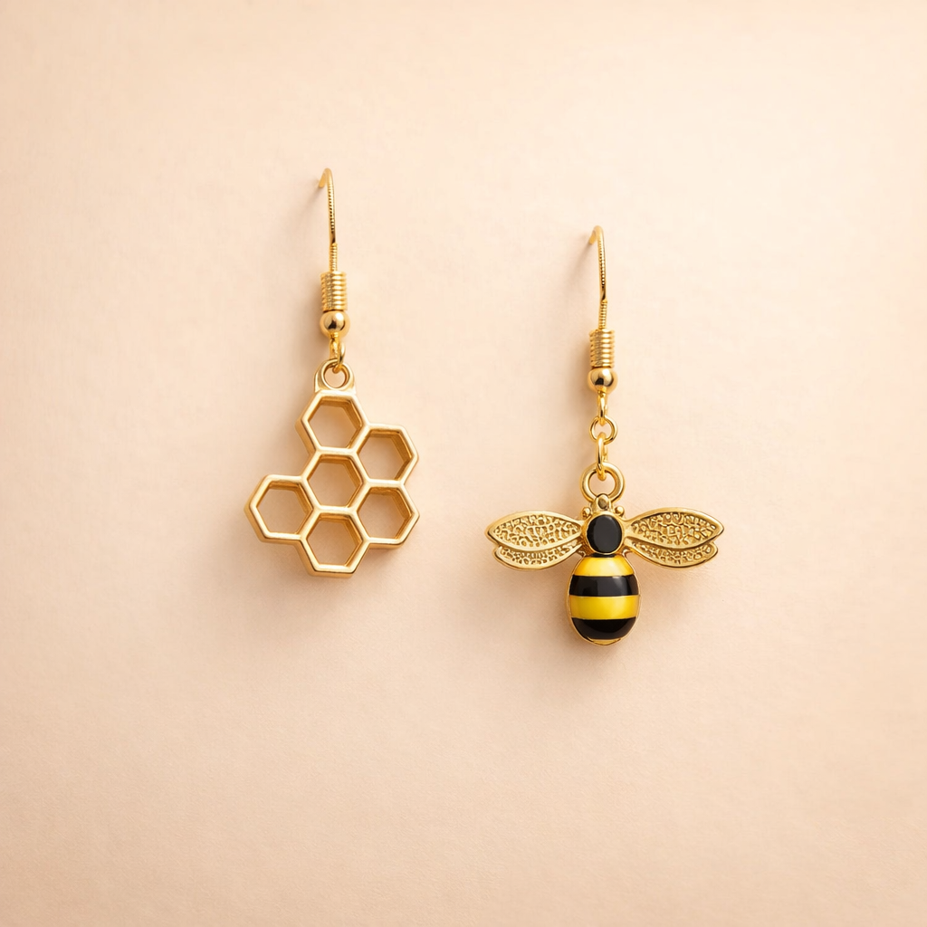 Honeycomb & Bee Earrings – Gold Jewellery for Women