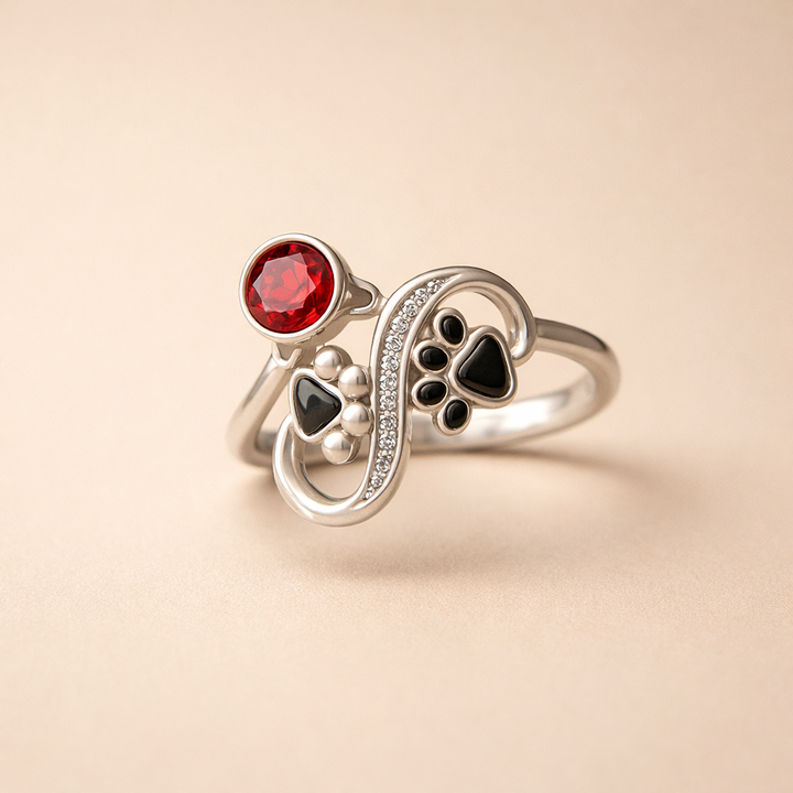 Black Paw Print Adjustable Ring with Red Gemstone