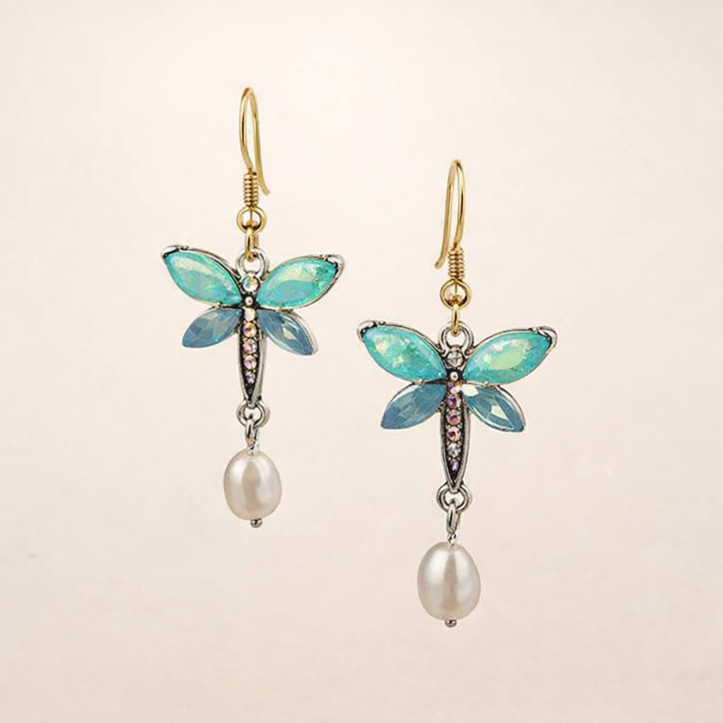 Vintage Green Opal Pearl Butterfly Earrings
