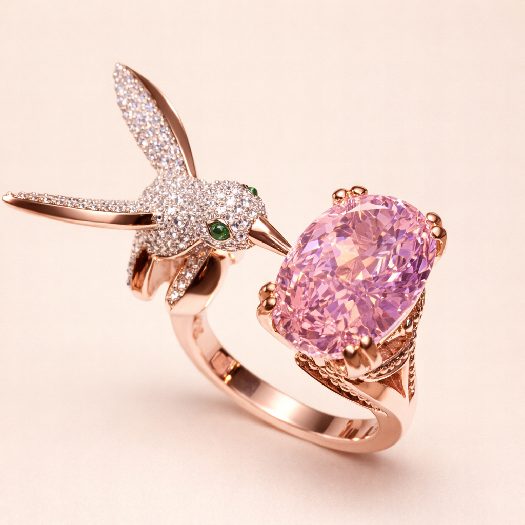 Adjustable Hummingbird Gemstone Ring – Zircon, 14K Gold Plated