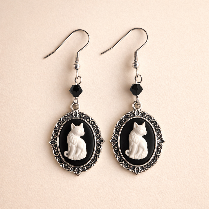 Vintage White Cat Earrings – Silver Frame Jewellery for Women