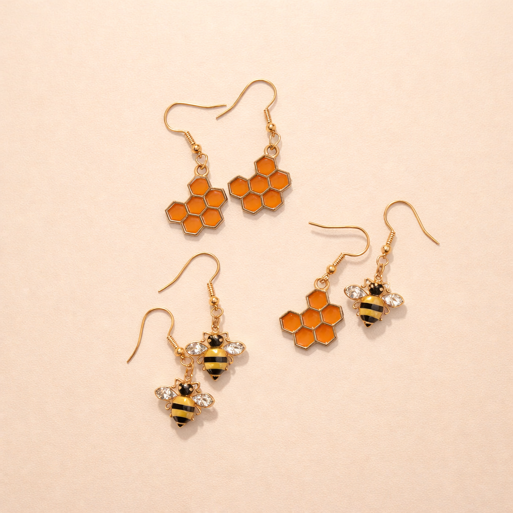 Gold Bee & Honeycomb Crystal Earrings