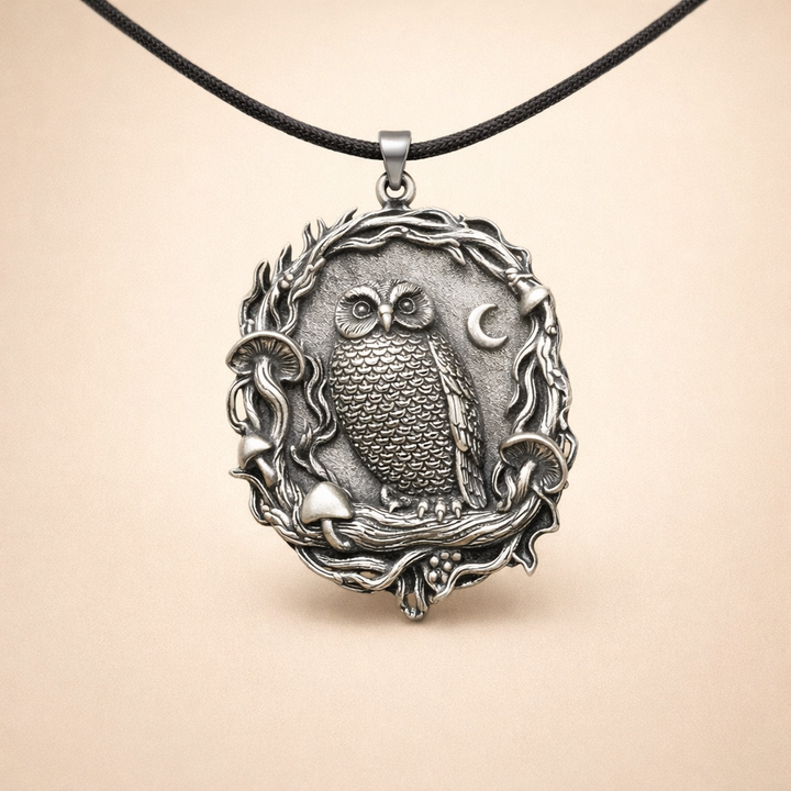 Mystical Owl Moon Mushroom Pendant Necklace