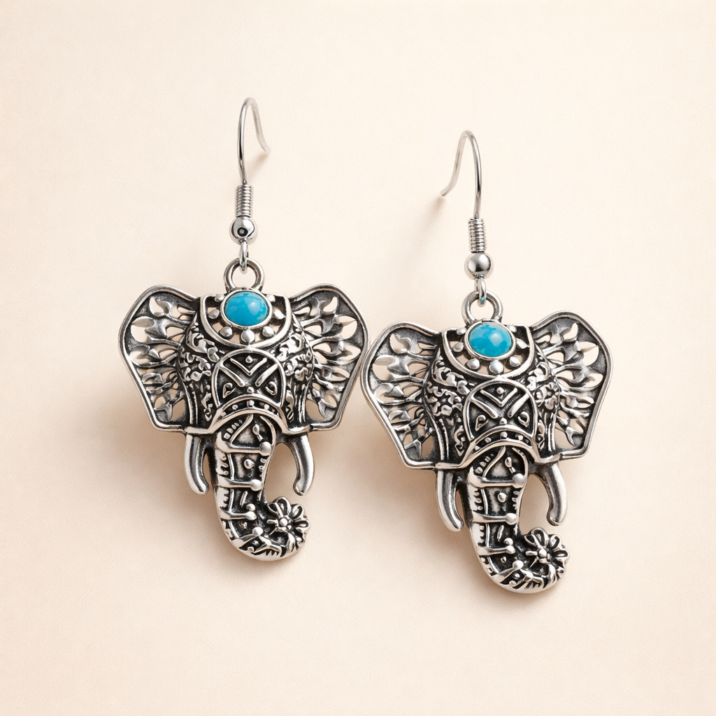 Vintage Elephant Dangle Earrings Silver Bohemian