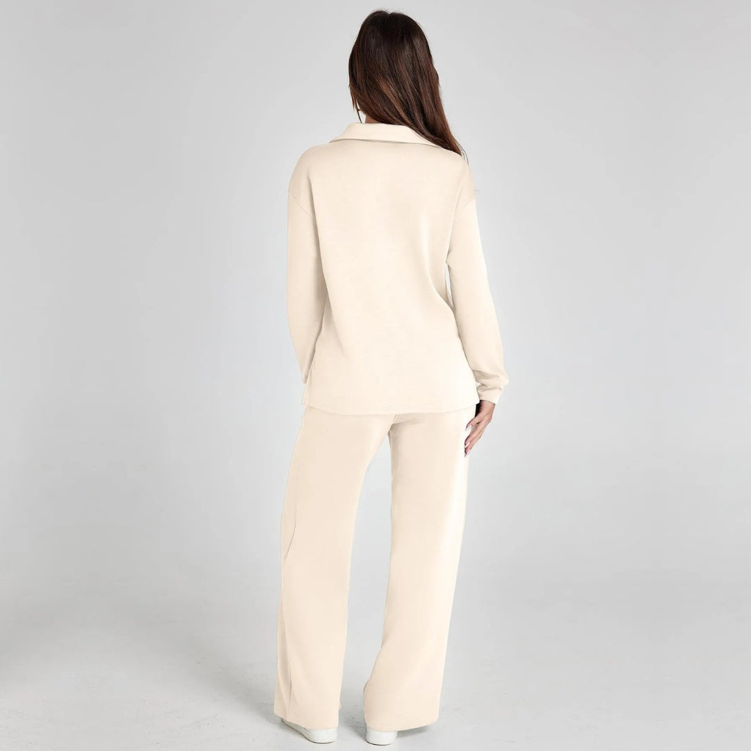 Women's Loungewear Set with V-Neck Sweatshirt and Wide Comfy Trousers