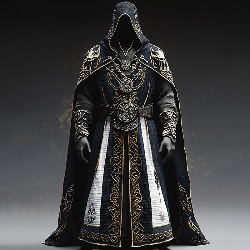 Men's Black Medieval Hooded Robe with Celtic Embroidery, Halloween Costume