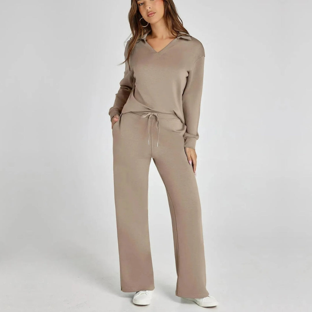 Women's Loungewear Set with V-Neck Sweatshirt and Wide Comfy Trousers