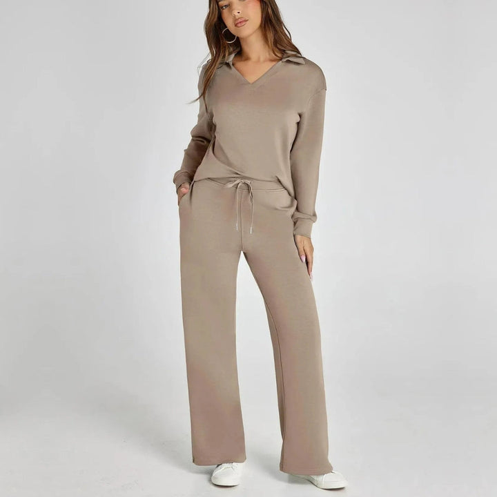 Women's Loungewear Set with V-Neck Sweatshirt and Wide Comfy Trousers