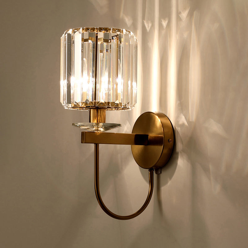 Postmodern Cylindrical Crystal Wall Light, 1-Head Gold Finish with Curved Arm