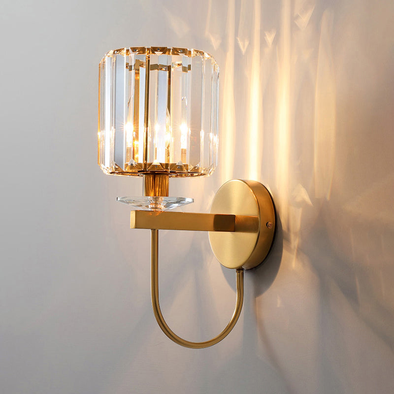 Postmodern Cylindrical Crystal Wall Light, 1-Head Gold Finish with Curved Arm