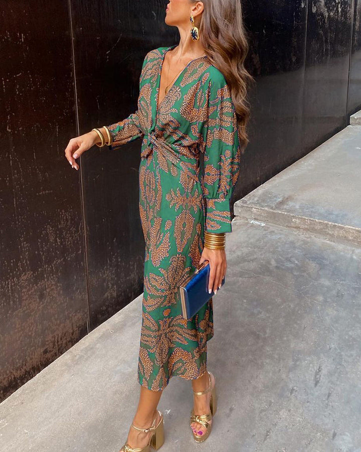 Printed Midi Dress with Knot Front and Deep V-Neck