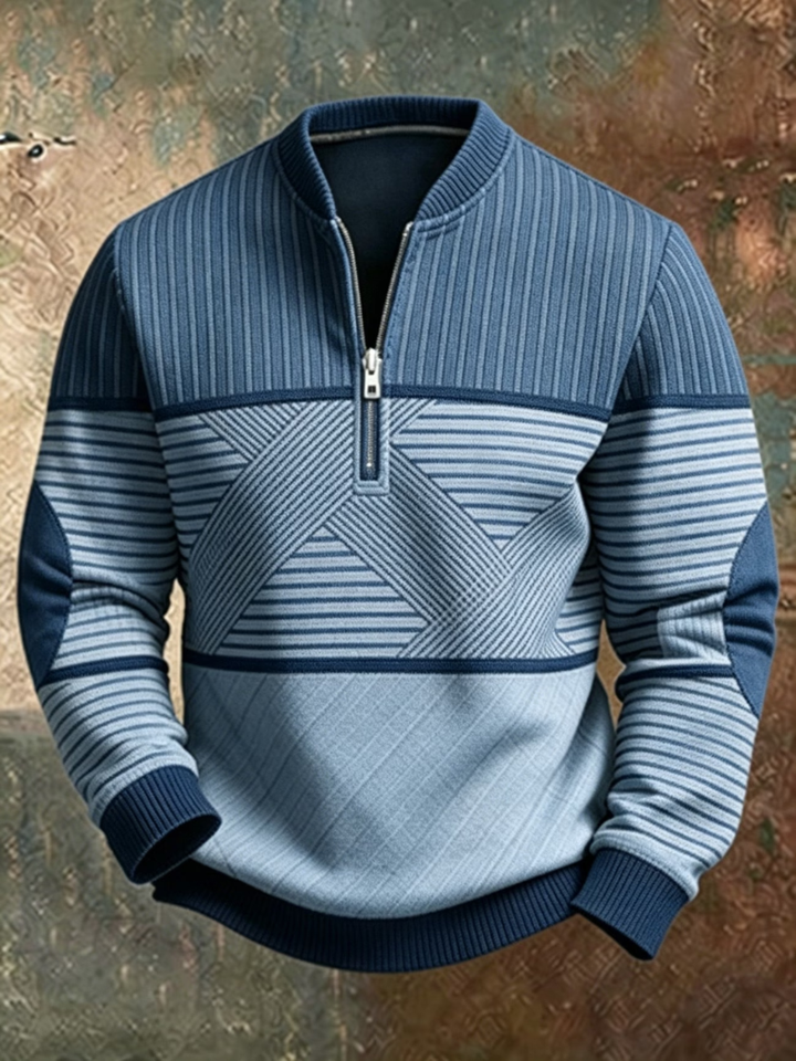 Men's jumper with stand-up collar, graphic pattern and half zip