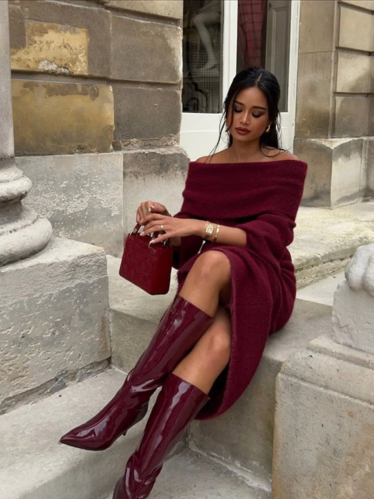 Eloah - Off Shoulder Pleated Knitted Maxi Dress