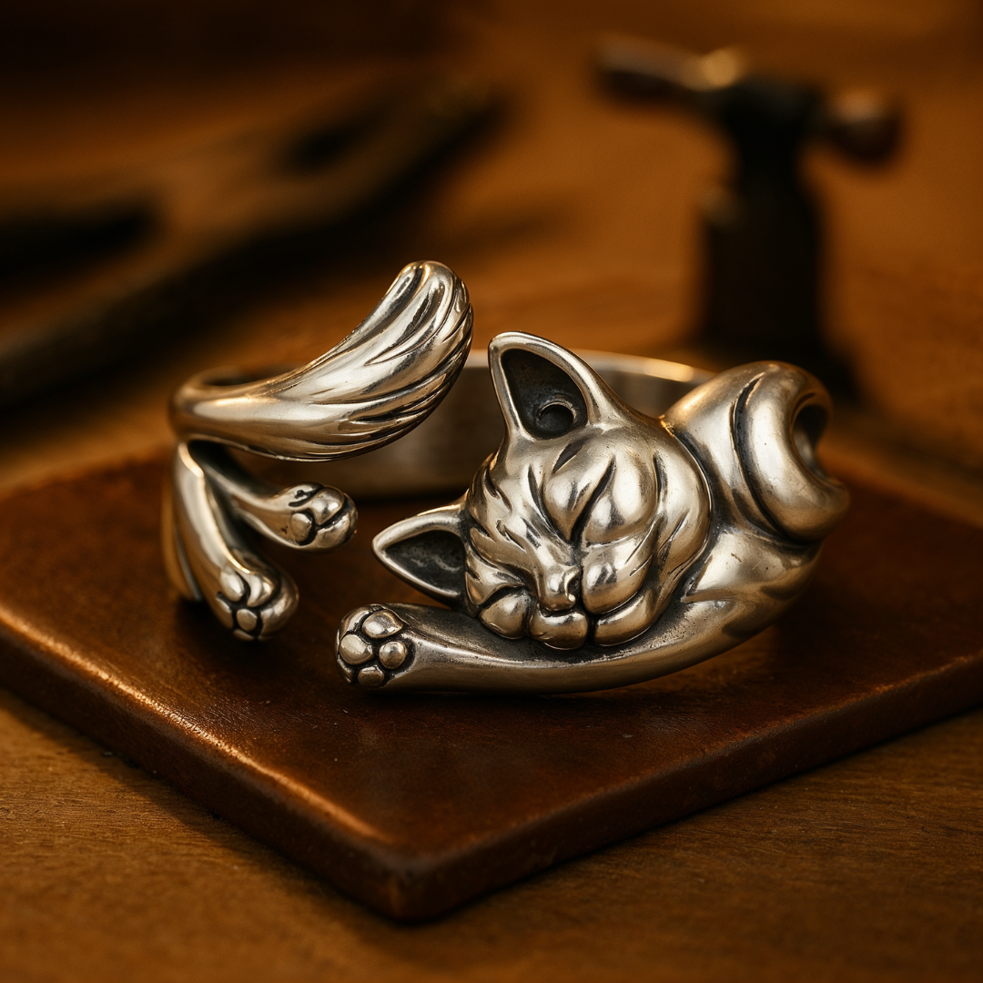 Elegant silver ring with unique cat charm